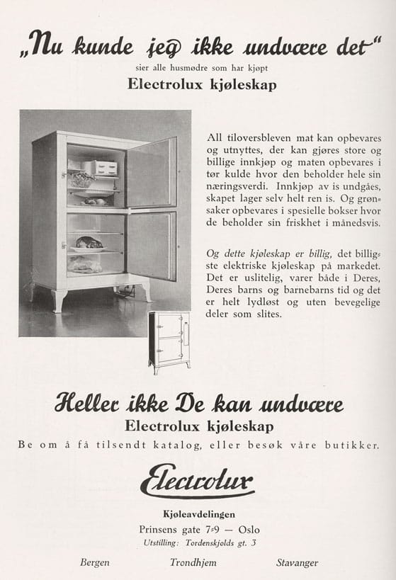 Et uslitelig kjøleskap som varer både i «Deres, Deres barns og barnebarns tid», lover rekla-men. Bilde fra reklame for Elektrolux, 1931
